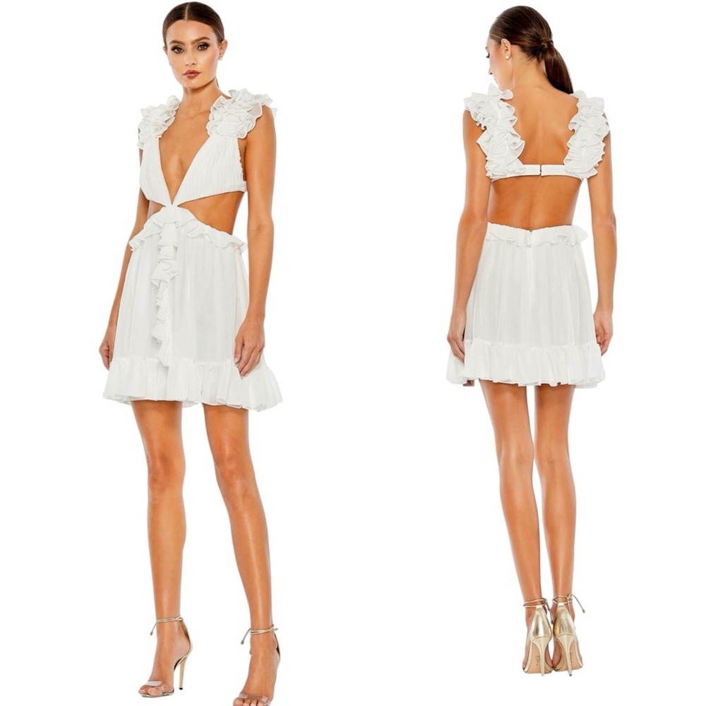 Ieena for Mac Duggal White Ruffled Cut-Out V Neck Mini Dress